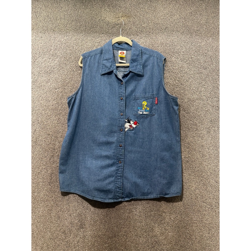 Looney Tunes Tweety Sylvester Denim Sleeveless Button Down Shirt Womens 18/20W